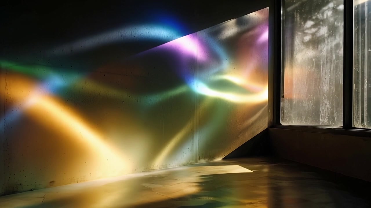 Dynamic Rainbow Light Patterns Reflecting on Concrete Wall and Floor