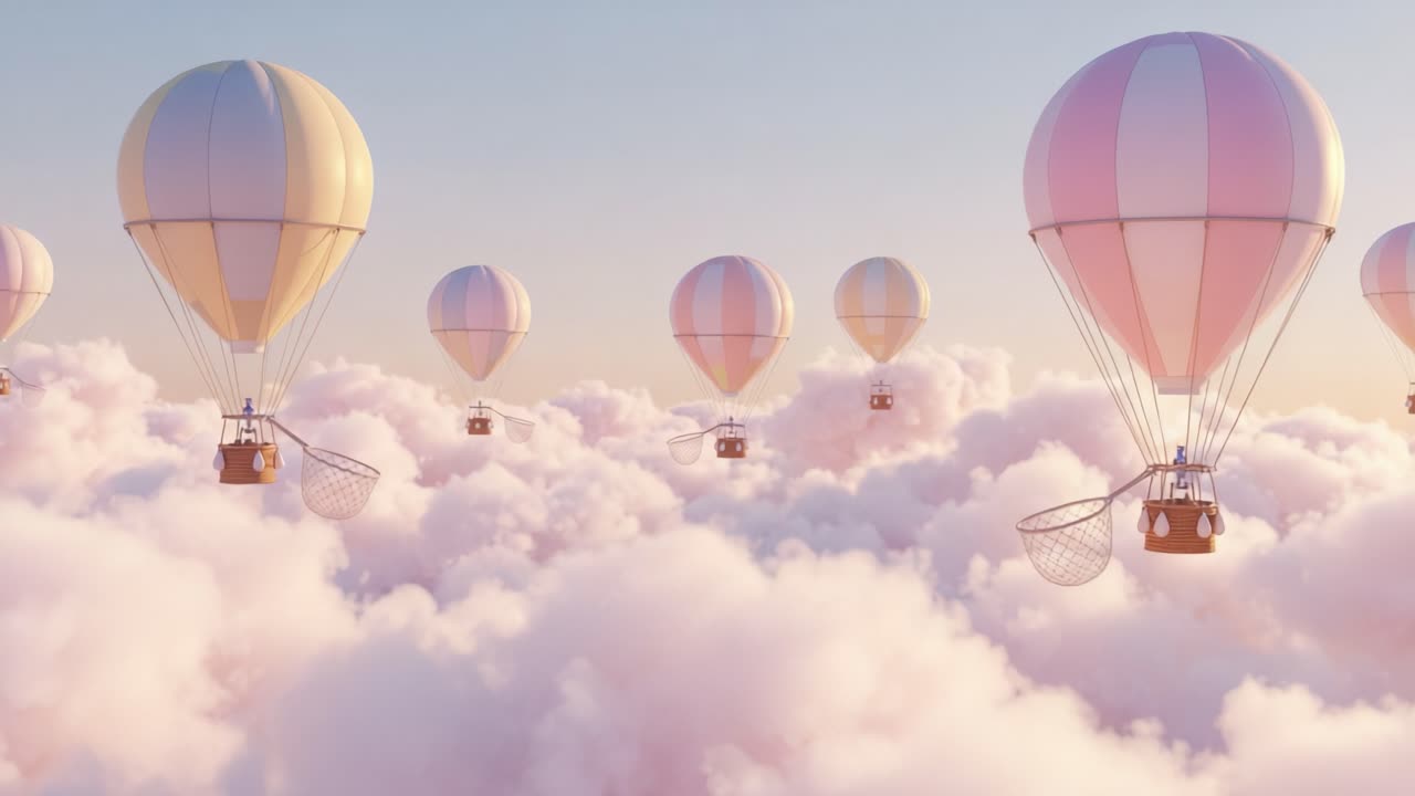 A Serene Journey Among Soft Clouds: Colorful Hot Air Balloons Gliding Through the Sky, Capturing the Essence of Adventure and Tranquility in a Dreamy Landscape