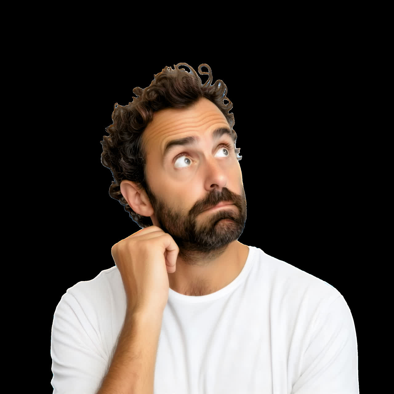 Pensive man in white shirt animation isolated asset, transparent 4K video, alpha channel, ProRes