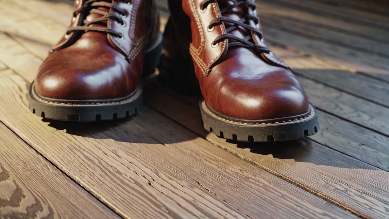 Pair of Brown Leather Lace-Up Boots on Wooden Floor