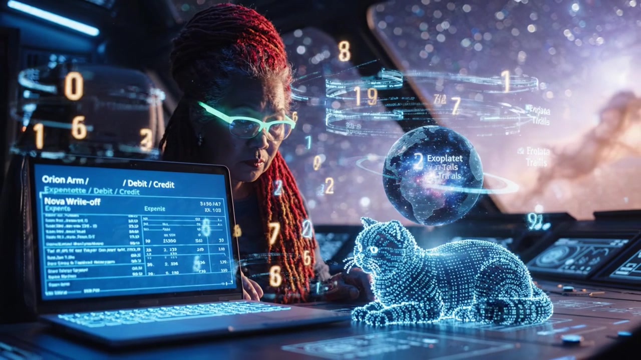 A futuristic scene featuring a woman with red hair and glasses interacting with a holographic cat and digital data in a space-themed environment, showcasing advanced technology.