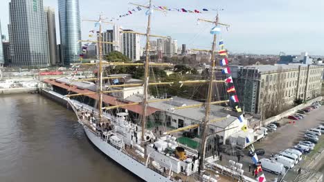 aerial view of frigate freedom with city background