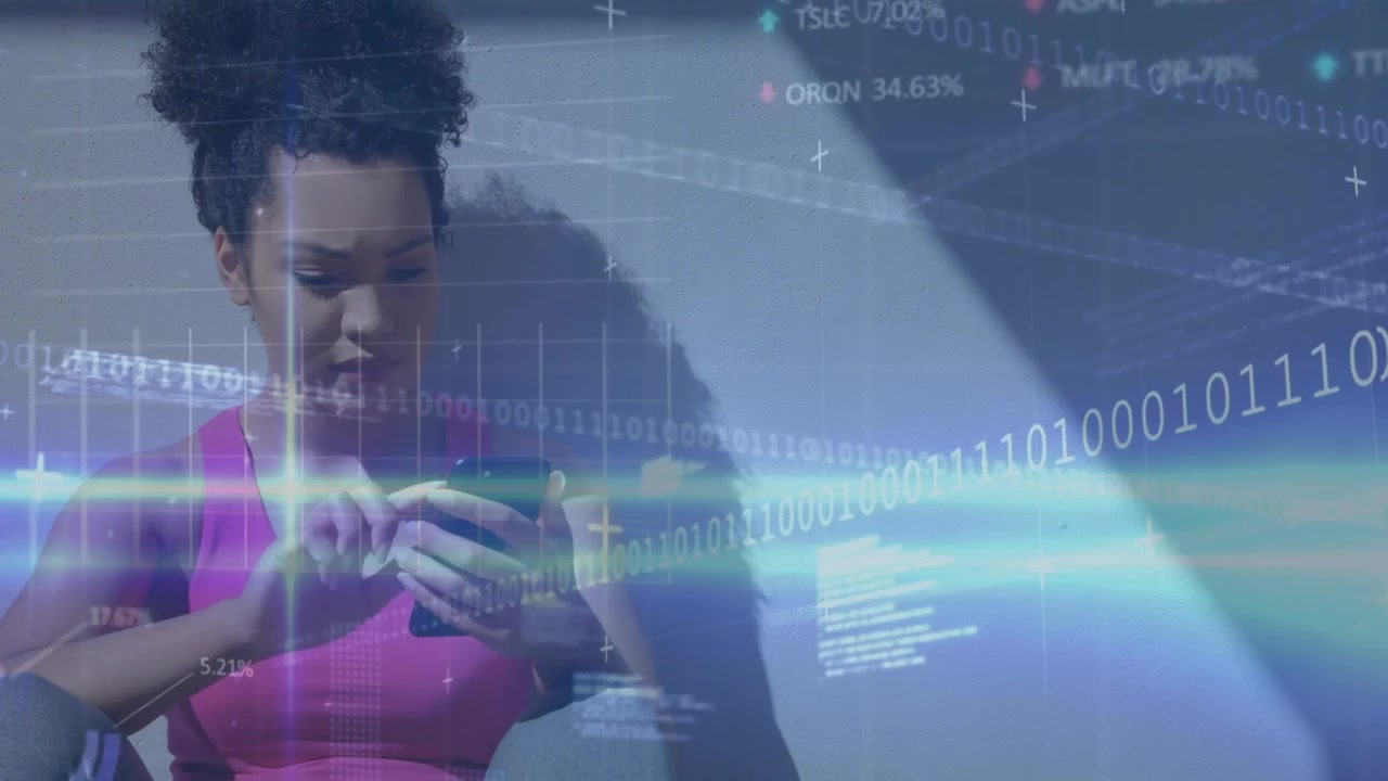 Young Woman Using Smartphone with Digital Data Overlay