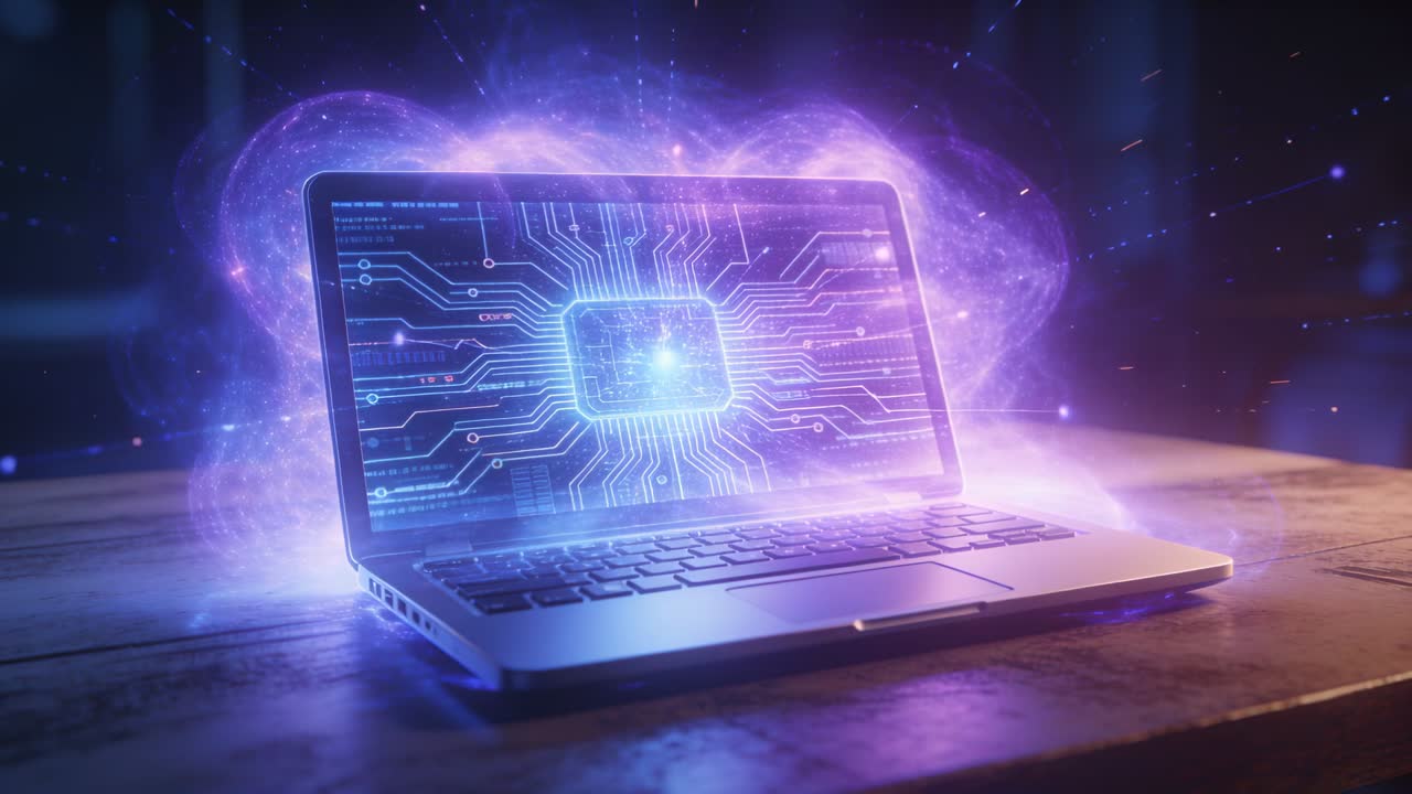 Brightening laptop processor starting pulsing lines and growing nebula on wood table in dim studio