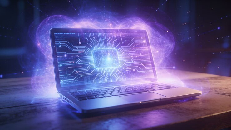 Brightening laptop processor starting pulsing lines and growing nebula on wood table in dim studio