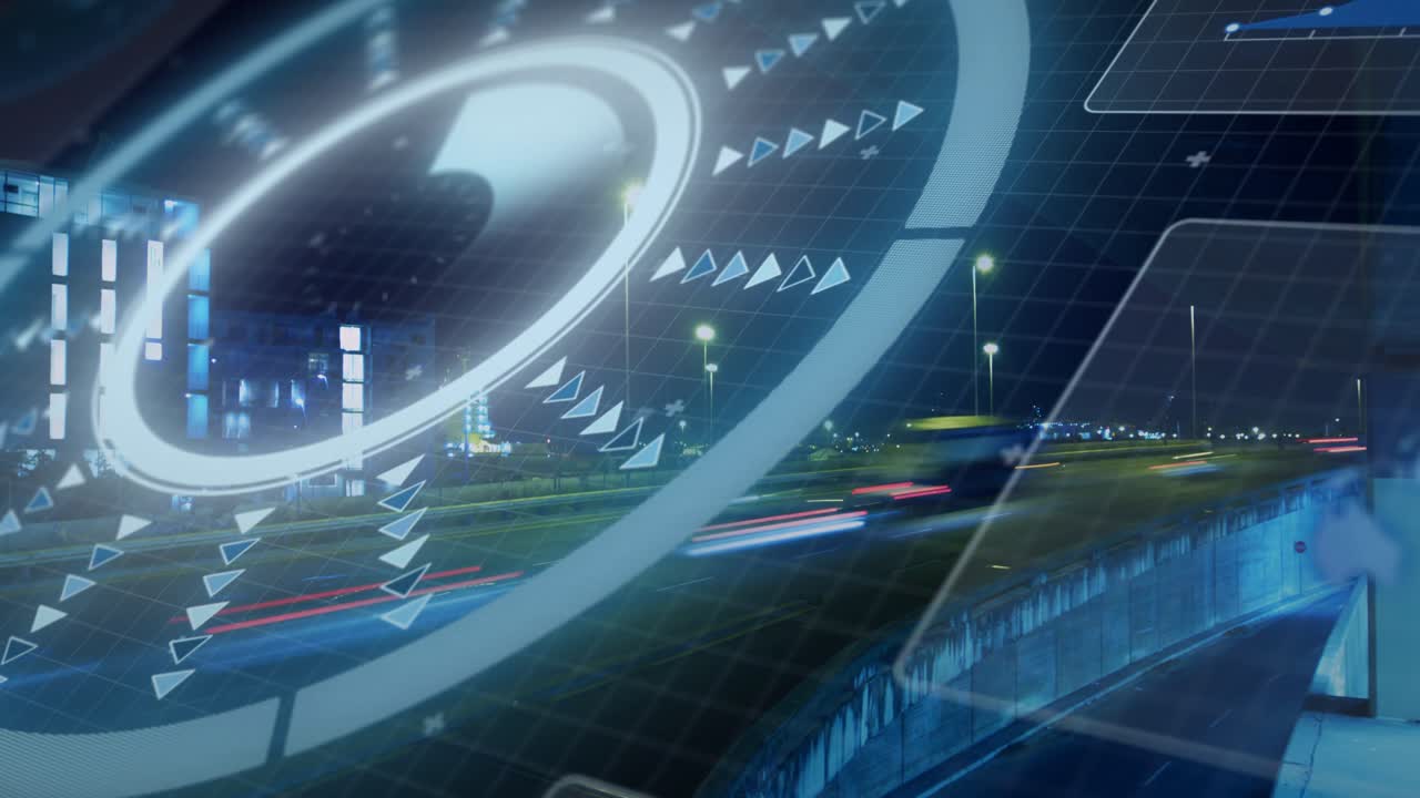 Data pulse activating HUD ring, rotating pulsing markers and displaying traffic over night roadway