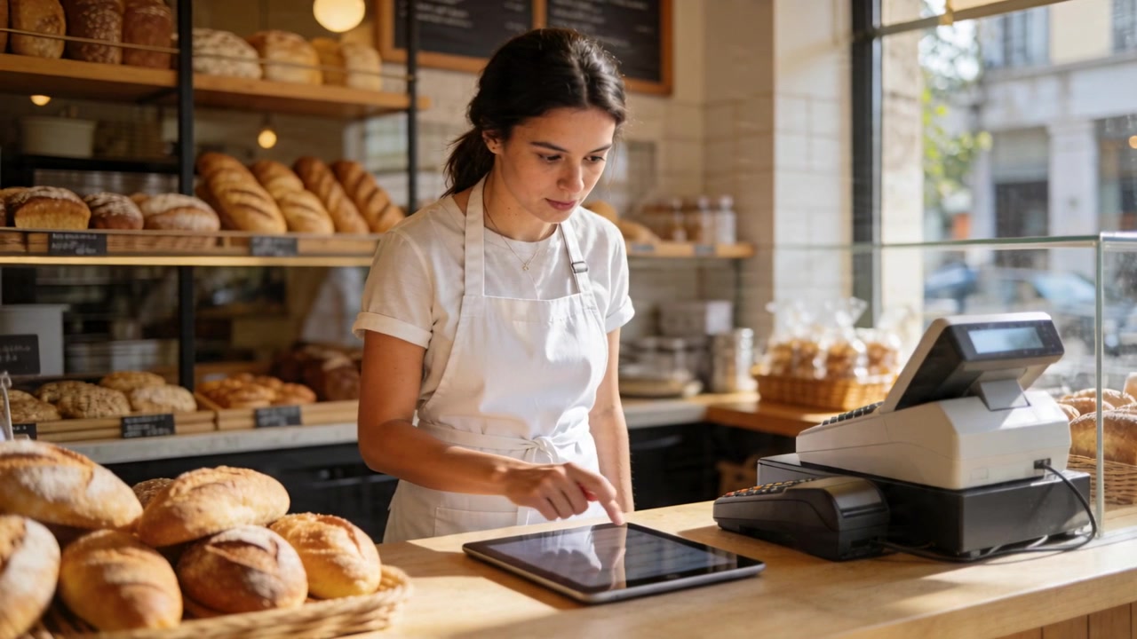 Personale della panetteria in grembiule che mette il dito sul tablet, tocca e scorre sul bancone, gestendo gli ordini.