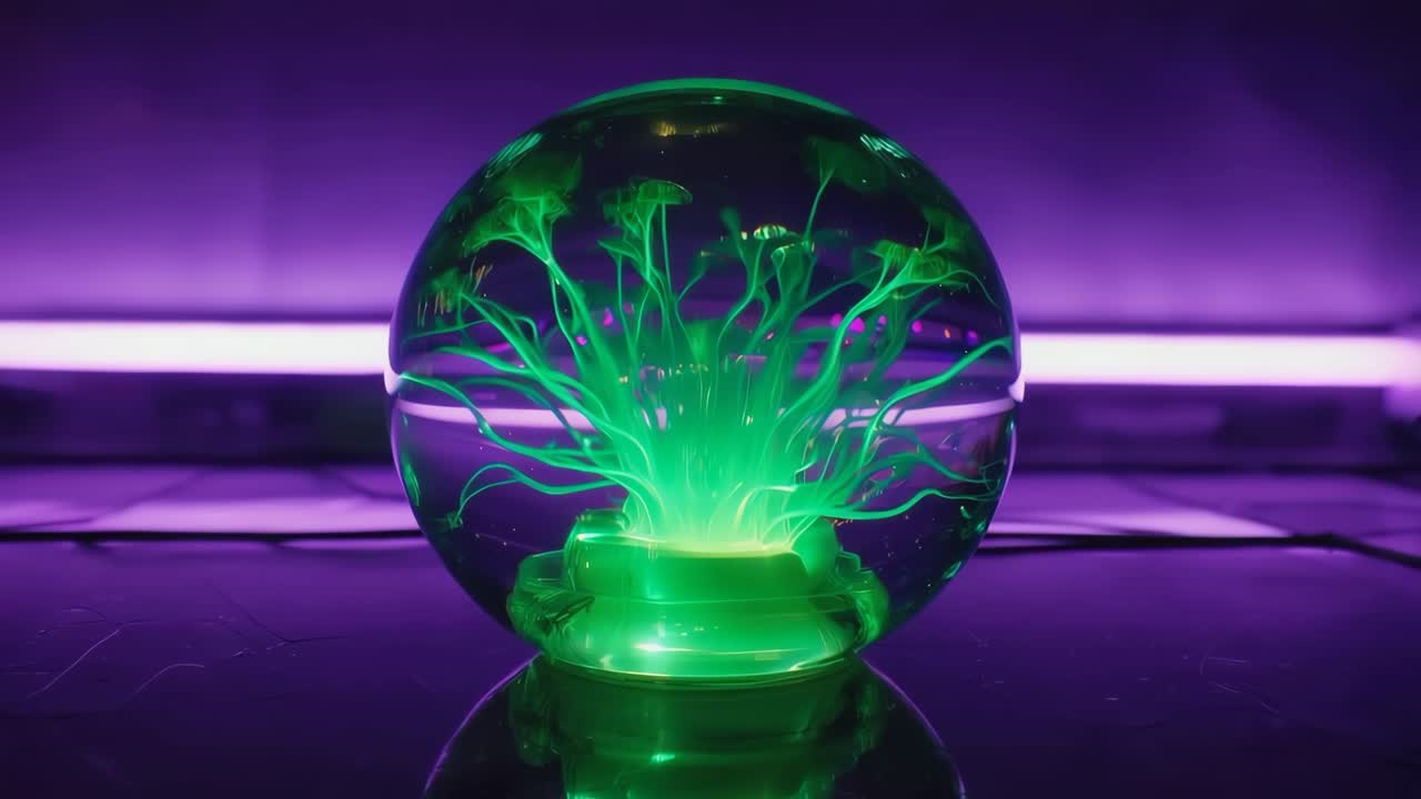 Glowing Green Abstract Light Sphere on Purple Background