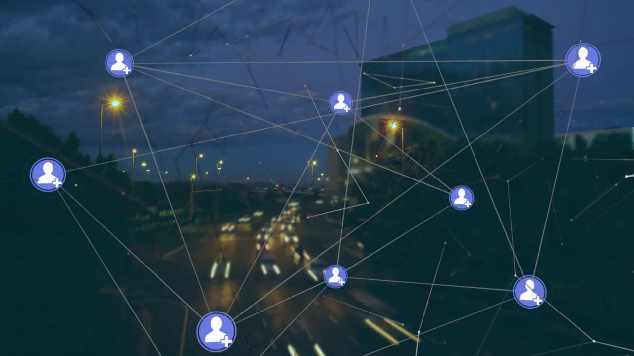 밤에 도시 교통에 대한 연결 네트워크 애니메이션