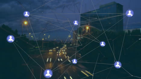 network of connections animation over city traffic at night