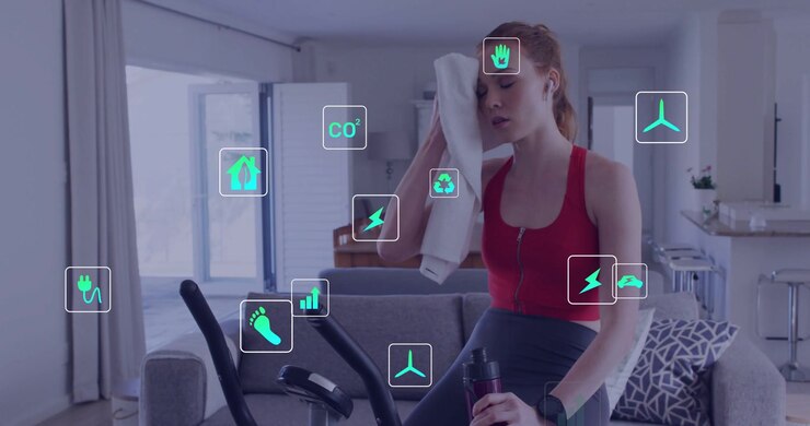 Woman pedaling bike, initiating animated fitness metrics tracking moves, hydrating and wiping sweat