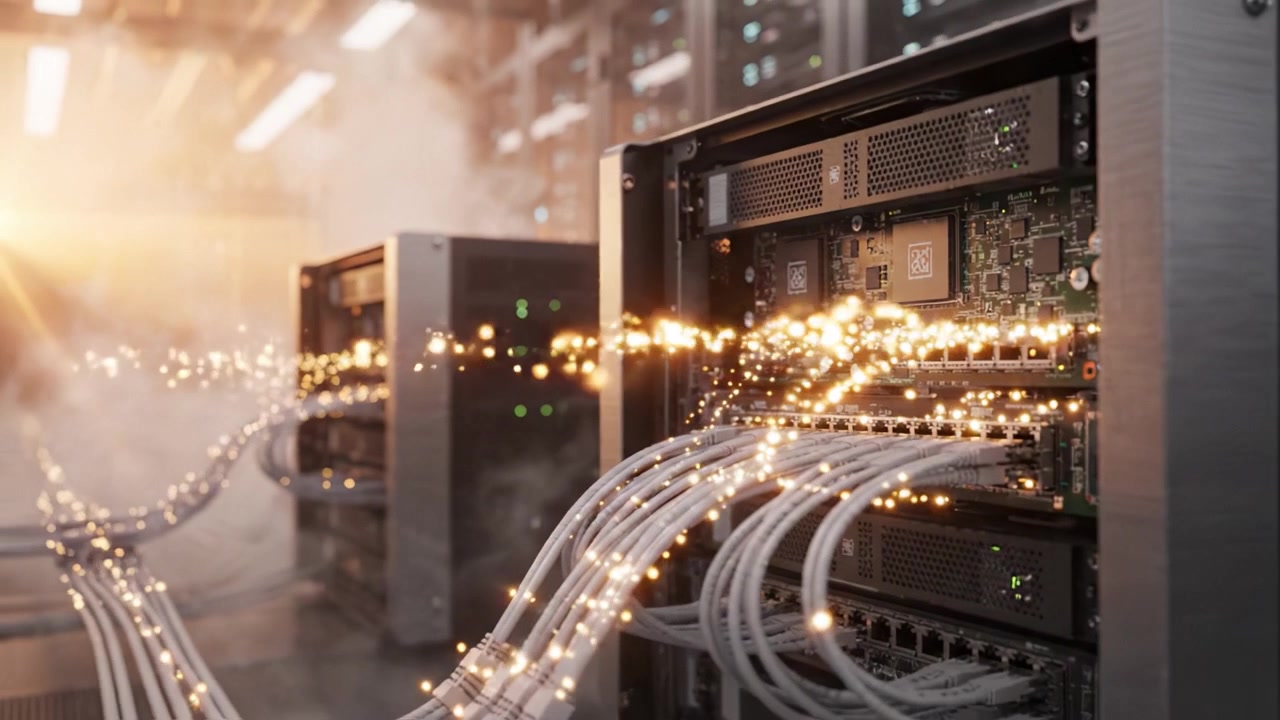 High-Energy Data Center Scene Featuring Server Racks with Wire Connections and Dynamic Sparks Representing Data Transfer and Computational Activity