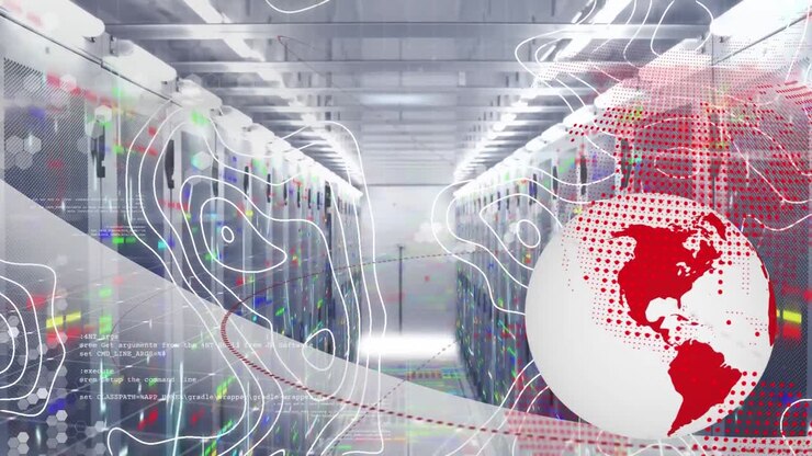 Animation of globe and data processing over computer servers
