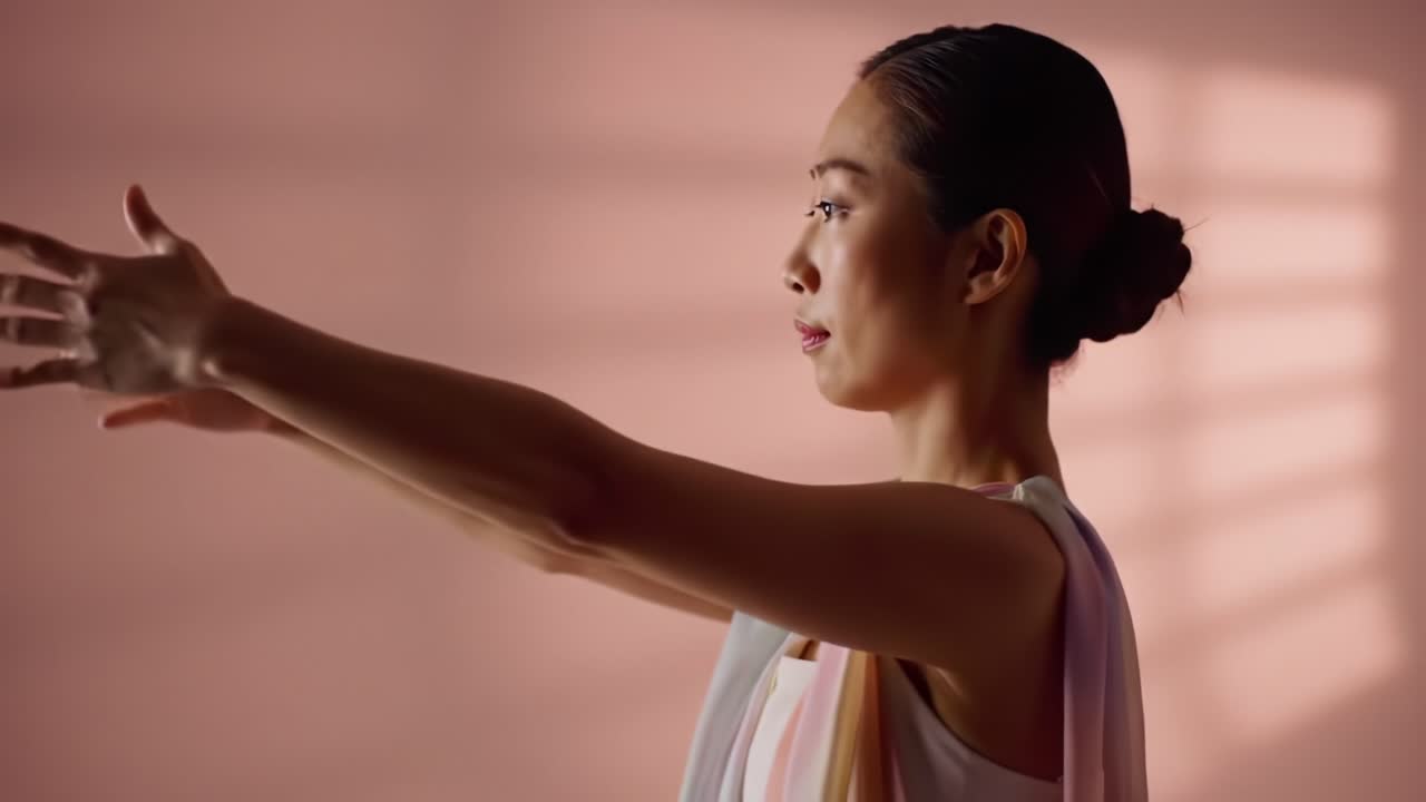 A Synchrony of Grace: Capturing the Artistic Journey of a Woman in Fluid Motion Against a Softly Colored Backdrop with Subtle Light Play