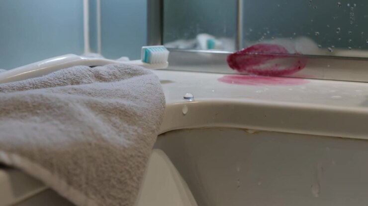 Dripping damp towel releasing bead on bathtub rim after water contact, toothbrush nearby