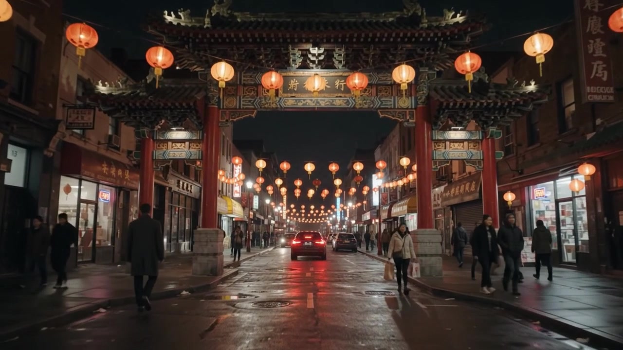 赤い提灯で飾られた中華街の門の夜景