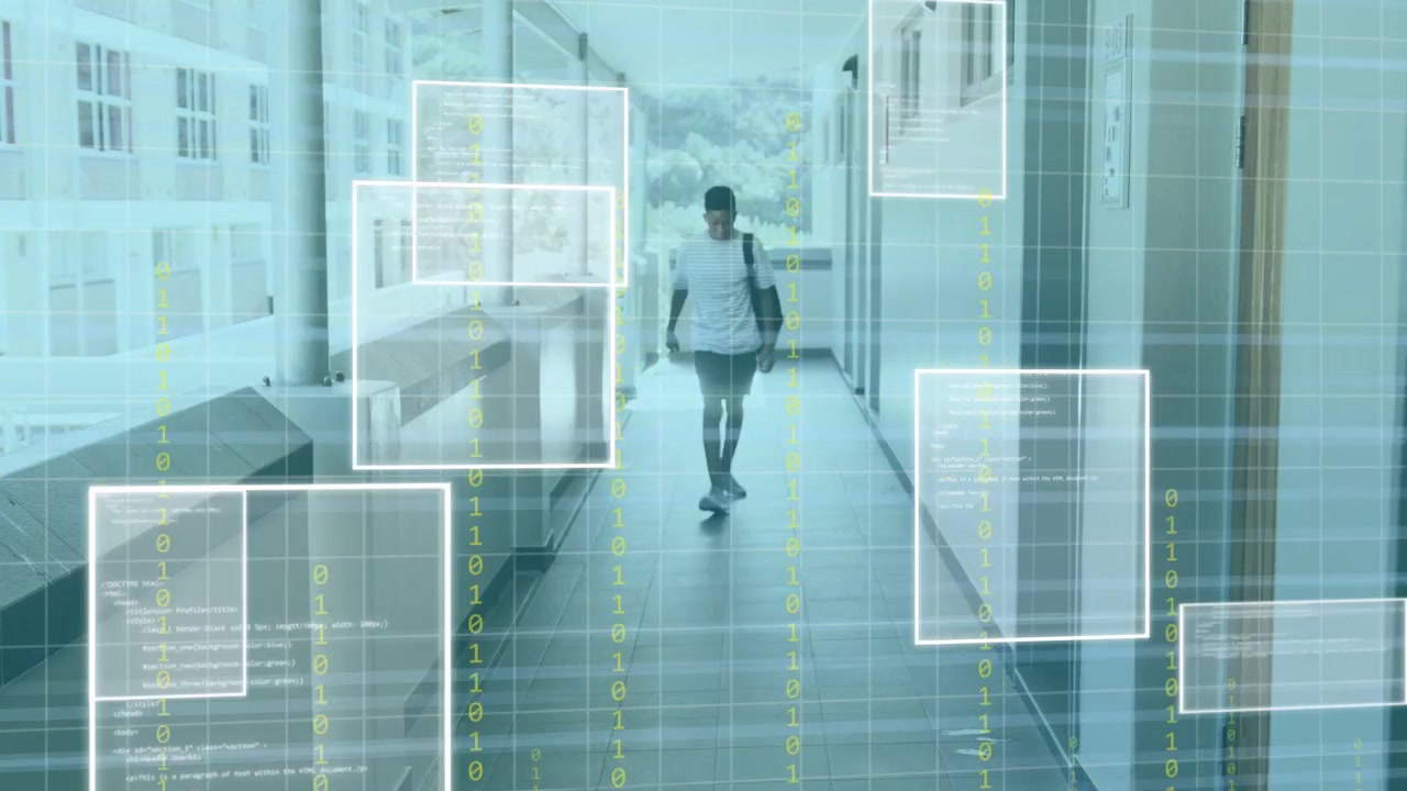 Education student appearing far end, walking toward classroom while HUD data streams overlaying