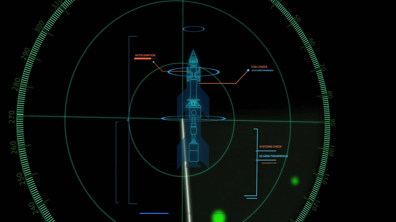 Displaying spaceship acceleration and fuel energy indicators on futuristic radar animation