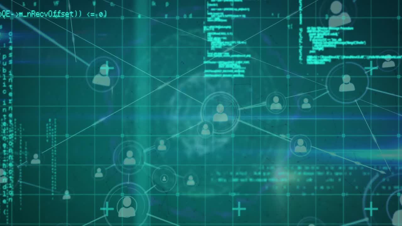 Animation of profile icons connected with lines, programming languages and globe over grid