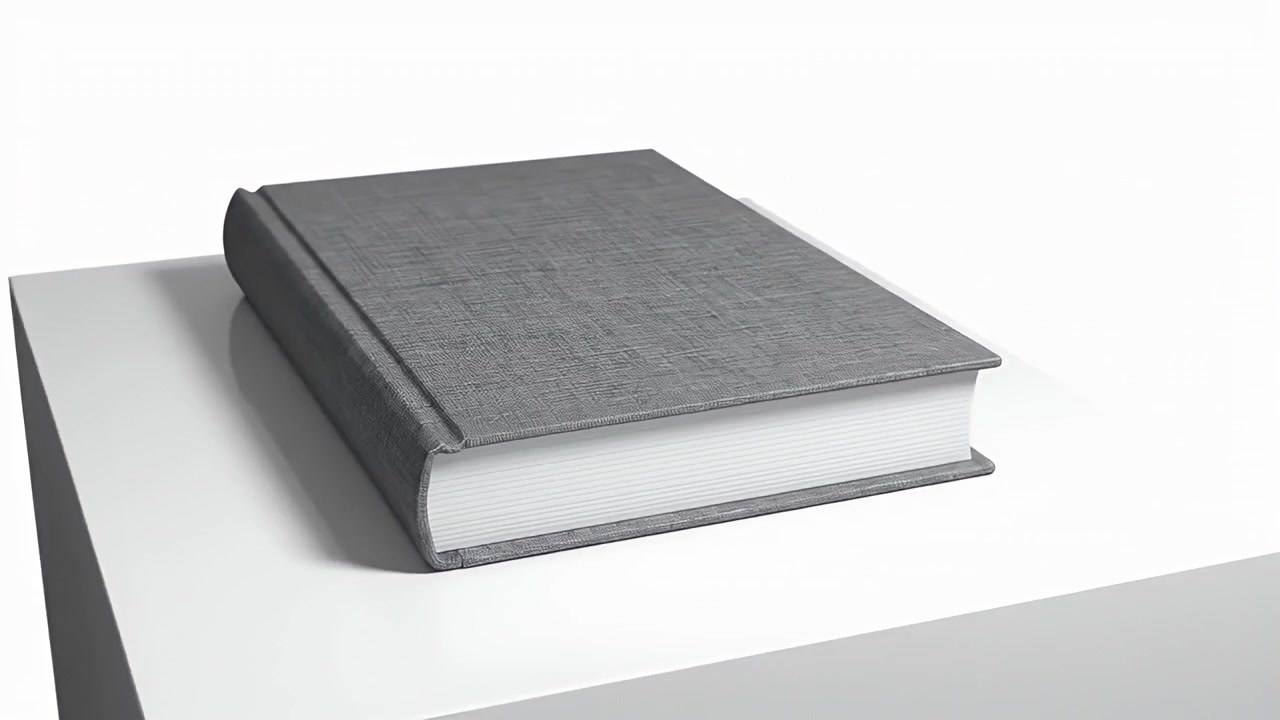 Libro chiuso con copertina rigida in tessuto grigio su piedistallo bianco