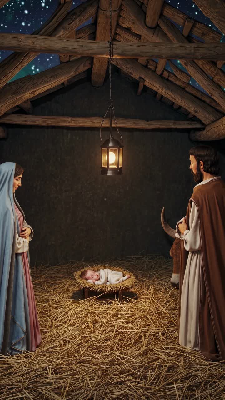 Una serena scena della natività con una visuale dal basso che cattura una tranquilla atmosfera sotto cieli stellati