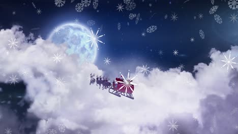 Animation-of-snow-falling-over-christmas-santa-claus-in-sleigh-with-reindeer