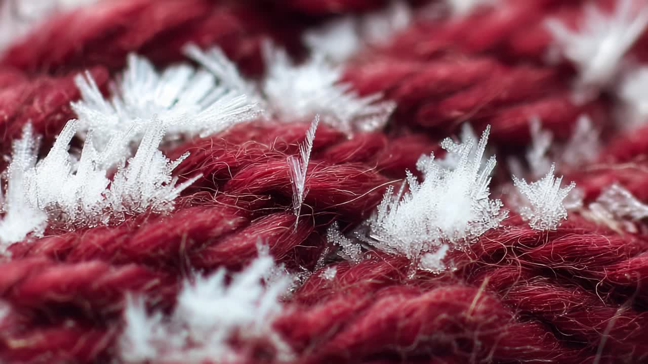 Intricate Close-Up of Frost Crystals on Textured Yarn, Showcasing the Stunning Beauty of Nature's Ice Formations Frozen in Time Against a Rich Red Fabric Background