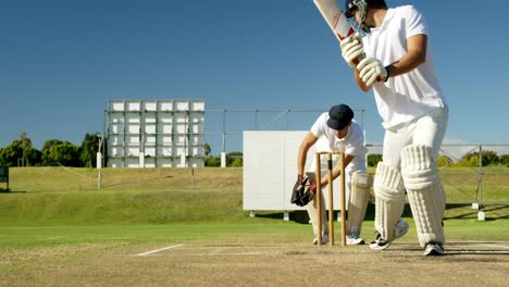 Wicket-Keeper-Sammelt-Cricketball-Hinter-Stümpfen-Auf-Dem-Cricketfeld