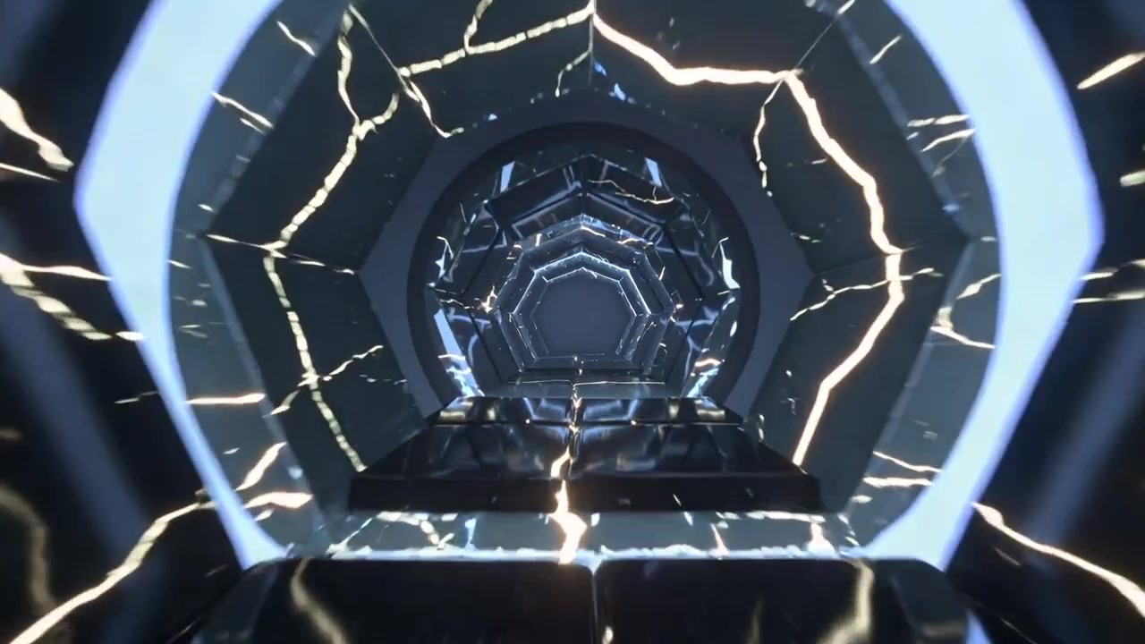 Movimento di un tunnel esagonale centrale per mostrare la profondità, con la telecamera che avanza attraverso un corridoio anulare e un bagliore arancione