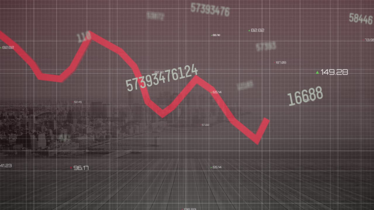 Animation of statistical data processing and changing numbers against aerial view of cityscape