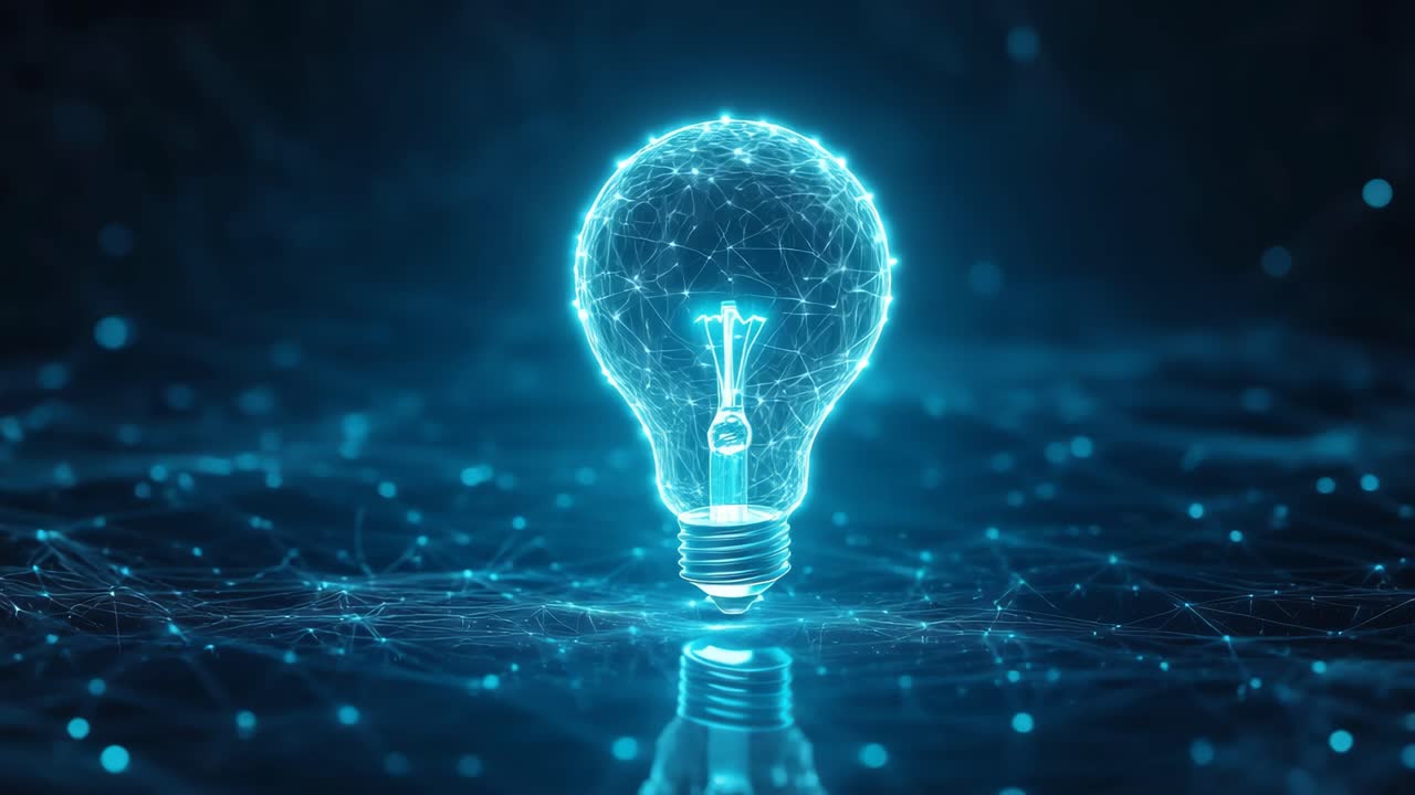 Futuristic video concept of a glowing digital light bulb