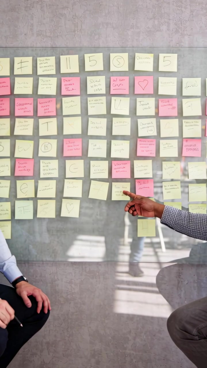Vertical video: Camera framing board in office two men in shirts pointing at notes with pen to plan