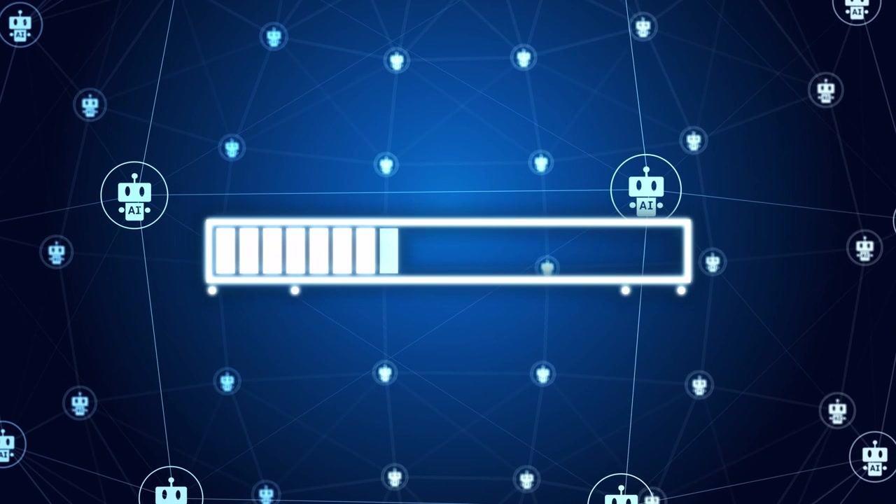 Loading spinner pulsing, progress bar filling left-to-right, representing AI network initialization