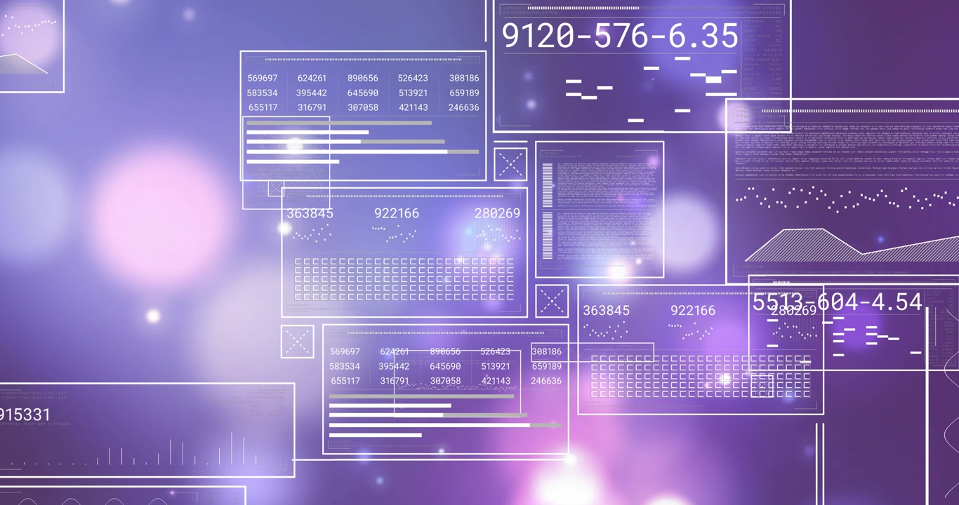 Interface cluster unfolding on purple gradient, bright flare pulsing and revealing technology data