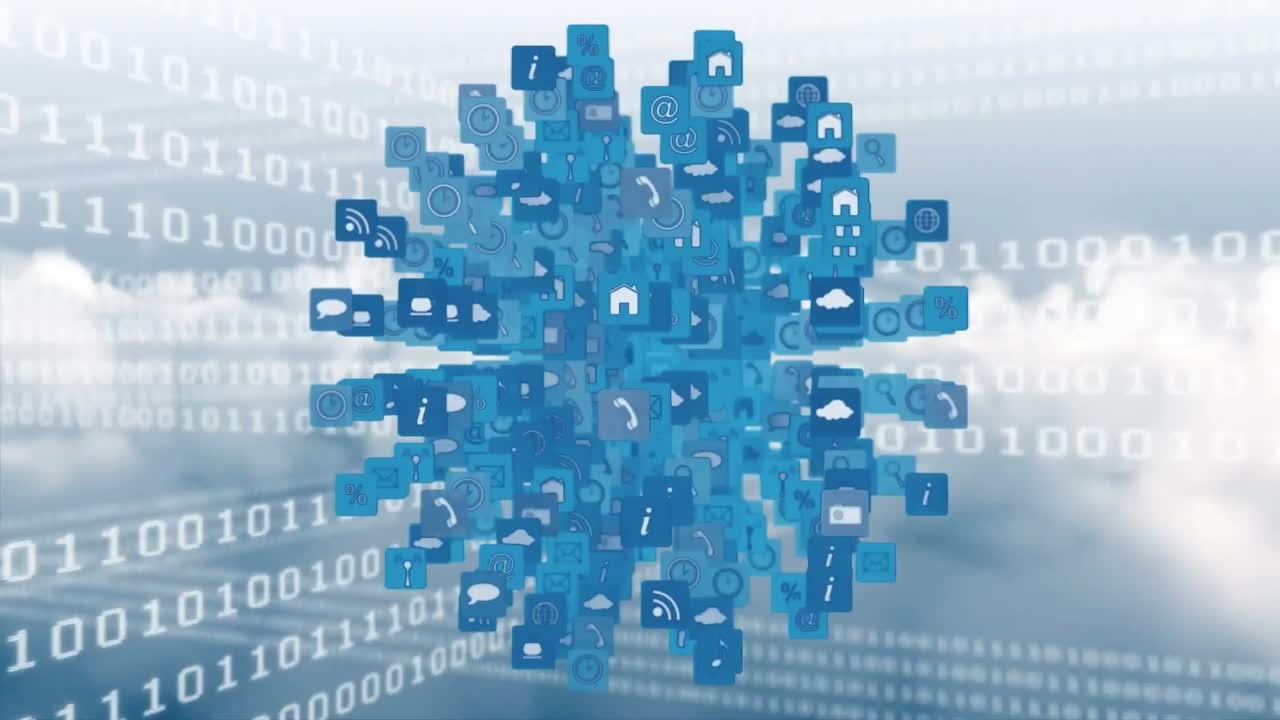 Animation of binary coding and globe of network of connections with digital icons