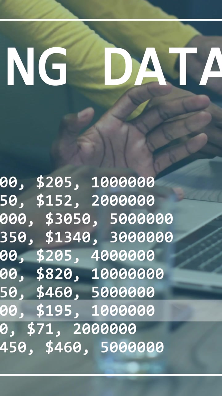 Animation of financial data processing over diverse business people with laptop in office