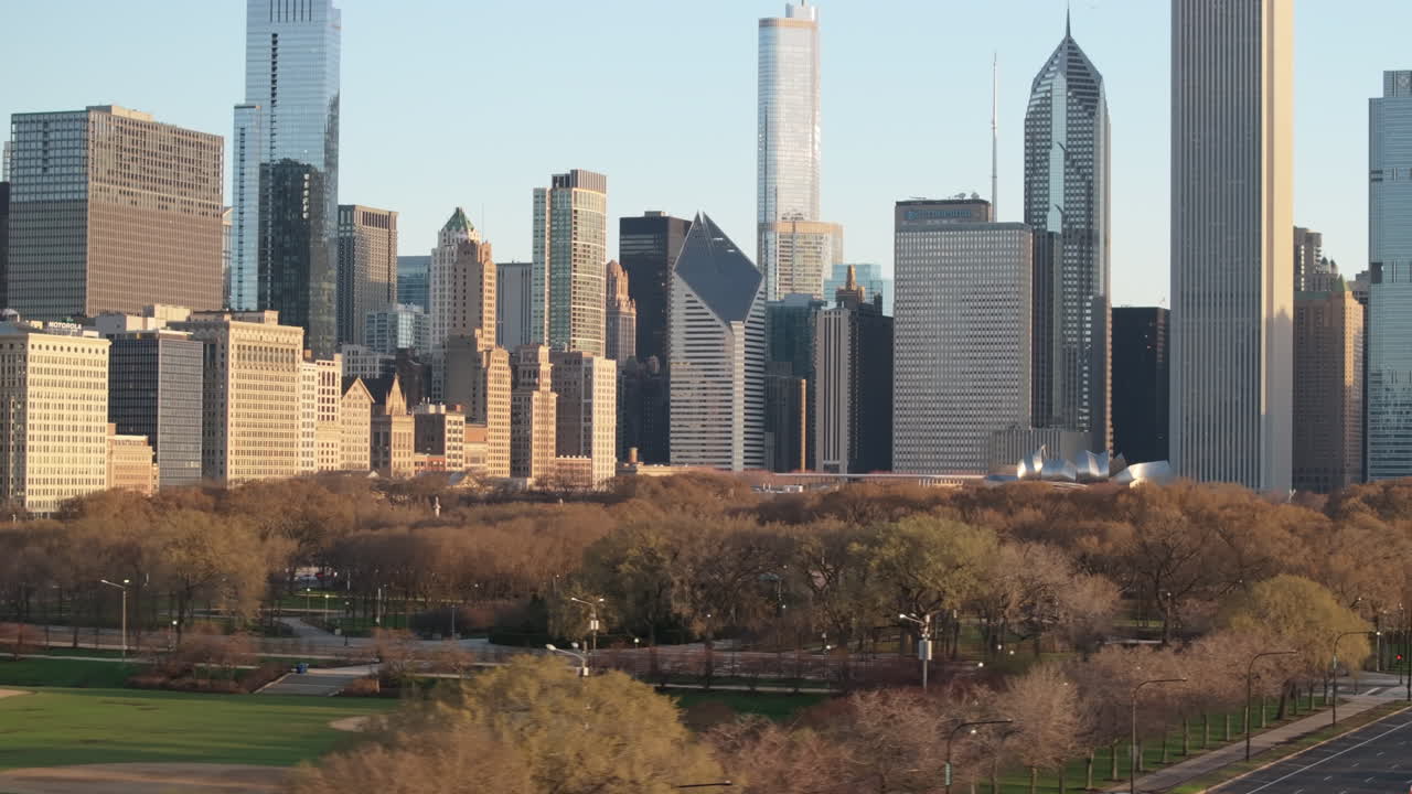 Aerial view of the Chicago Loop and Millennium Park on a spring morning.