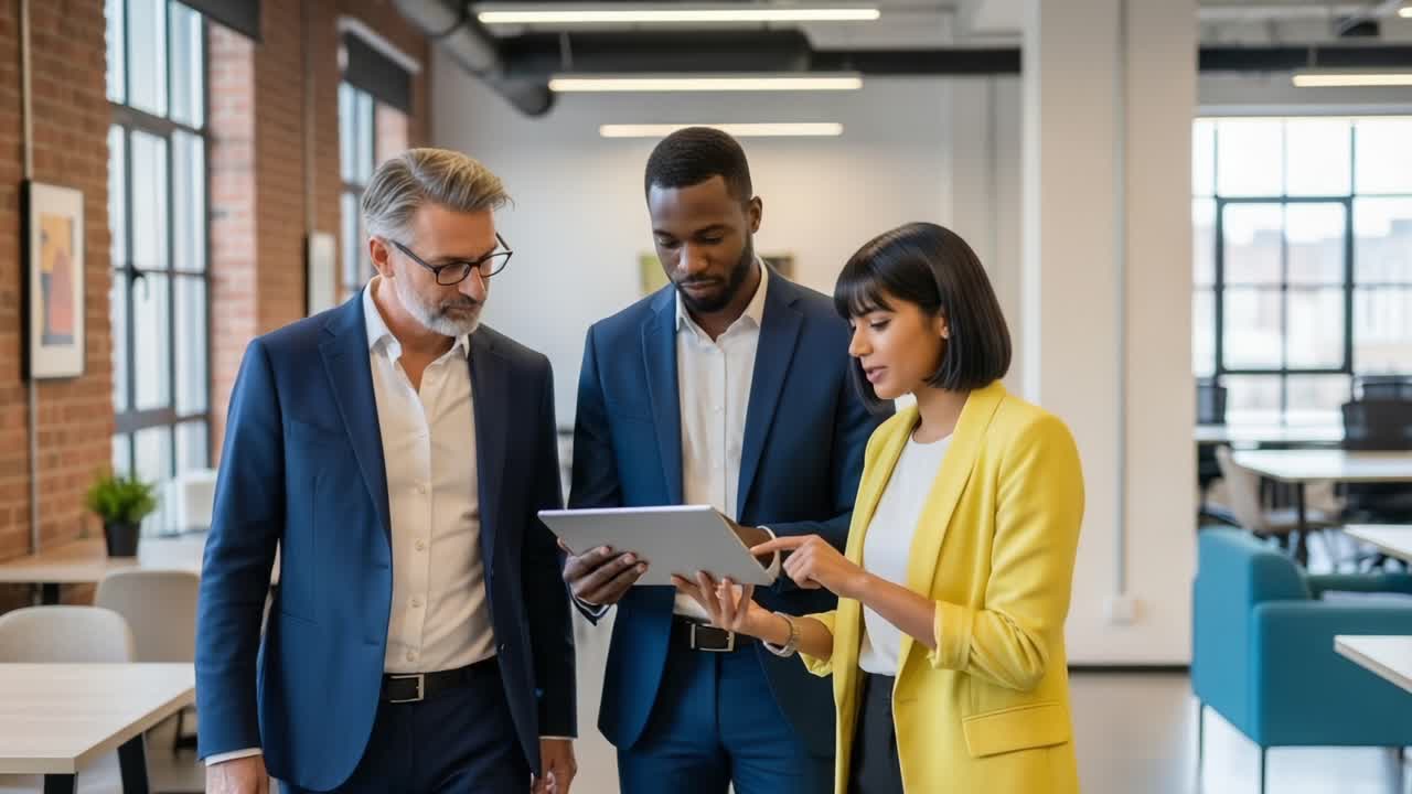 In a modern office setting, three professionals engage in a collaborative discussion while reviewing information on a tablet, showcasing teamwork and innovation in the workplace