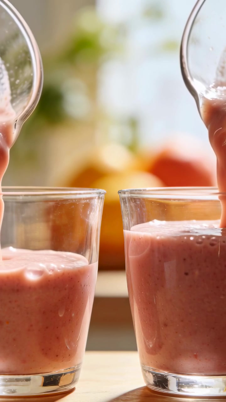 Vidéo verticale : Pichets inclinés, mains versant un smoothie rose dans deux verres sur le comptoir pour le petit-déjeuner