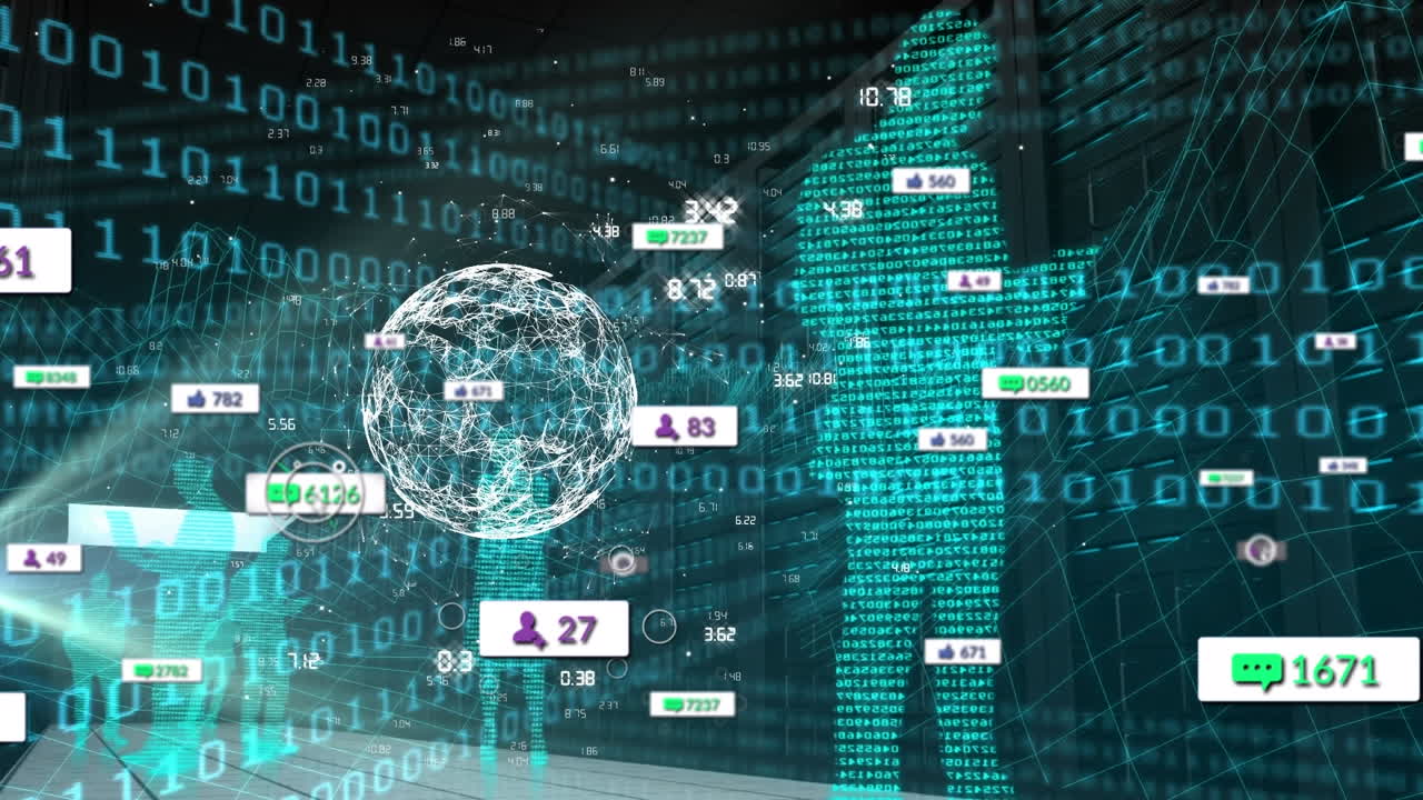 미디어 아이콘의 애니메이션과 디지털 비즈니스 사람들과 전 세계에 대한 데이터 처리