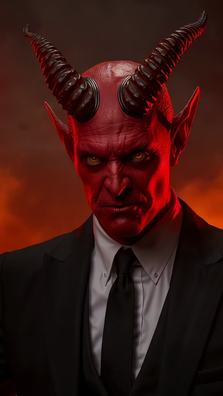 Vertical video: Red glow sparking demon snarling softening gaze with glowing horns at hot cavern