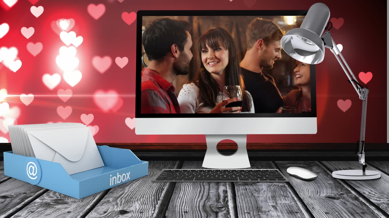 책상 위에 있는 봉투와 컴퓨터의 디지털 애니메이션, 술집에서 파티하는 친구들을 보여주는 4k