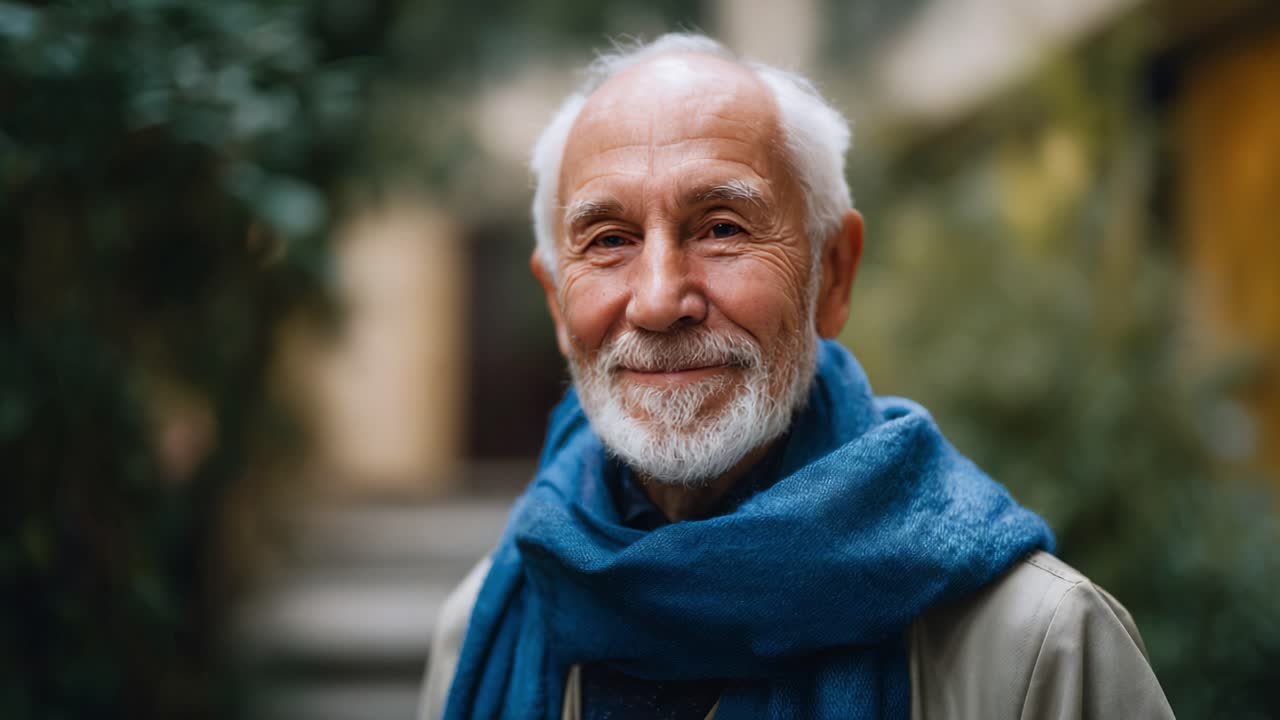 Un anziano sorridente con una barba bianca e una sciarpa blu, circondato da una vegetazione lussureggiante, che irradia calore e saggezza in un ambiente esterno sereno.