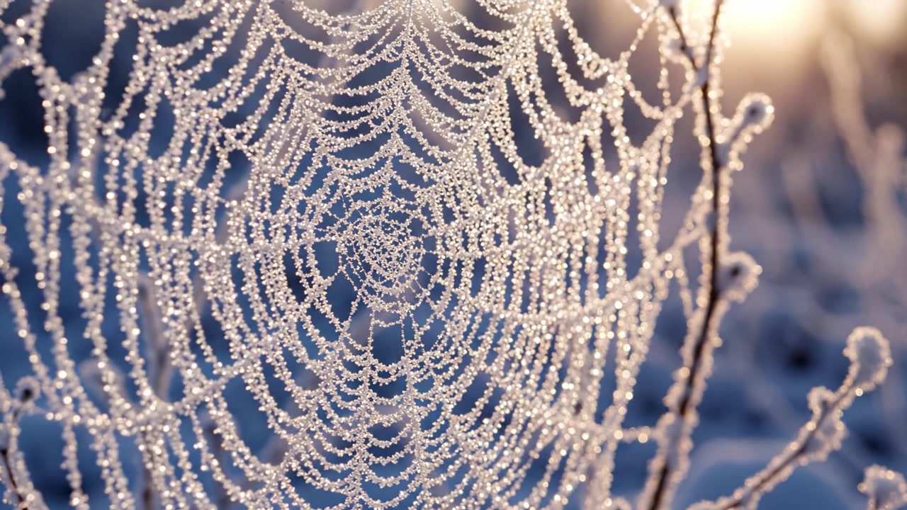 Fængslende frostklart spindelvæv, der glimter i morgenlyset: En fredfyldt fremvisning af naturens skønhed og indviklede detaljer fanget i to rammer