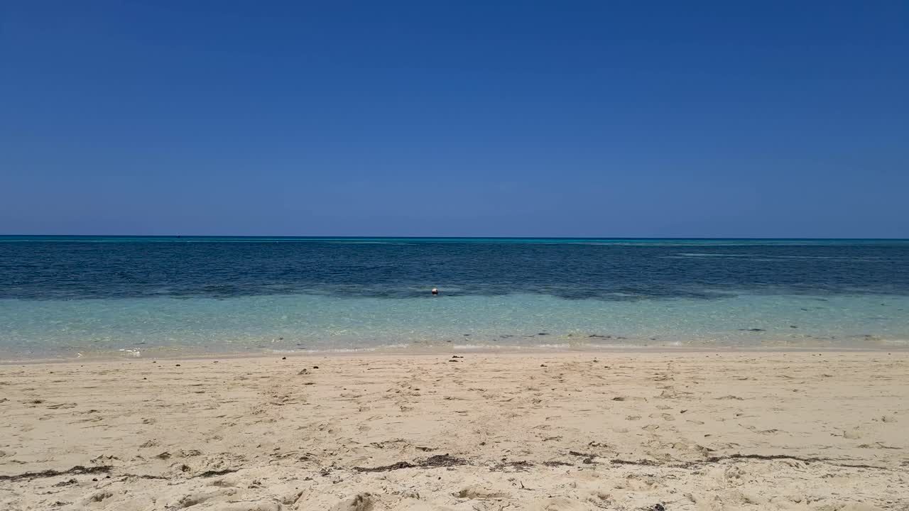 바다가 보이는 녹색 섬 해변에서 팬 오른쪽 보기