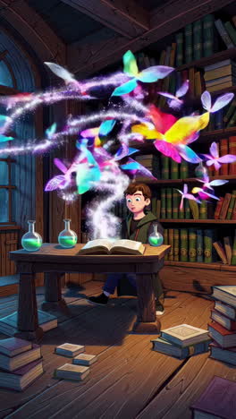 young wizard in a magical library