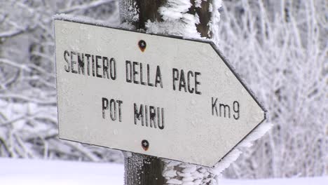 man wipes frozen signpost with his glove, closeup, cold winter day