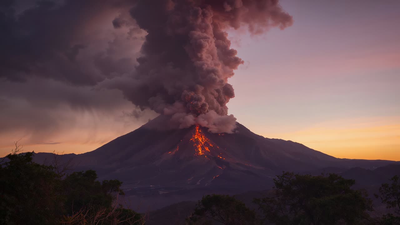Stratovulcano in eruzione al crepuscolo dopo l'innalzamento del magma, che emette una colonna di cenere e colate di lava incandescente, alberi.
