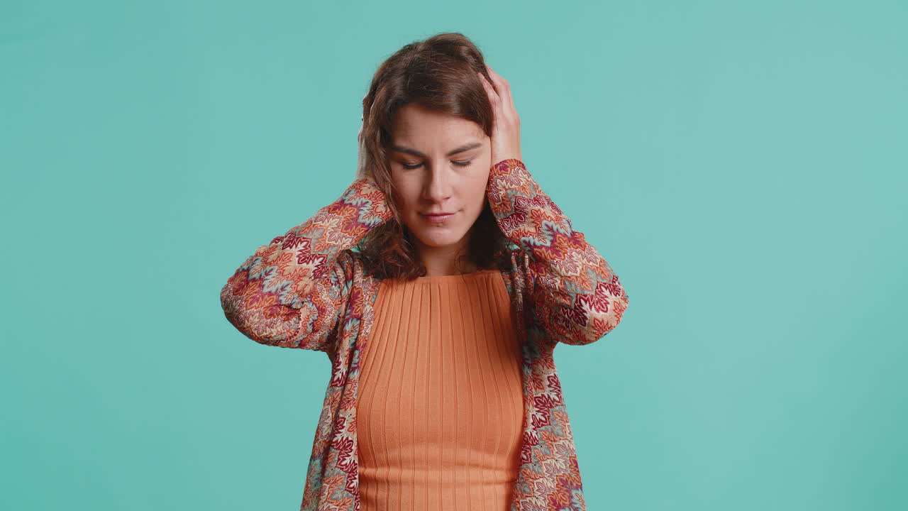 Woman showing blah blah gesture with hands gossips empty promises lier not interested in talking