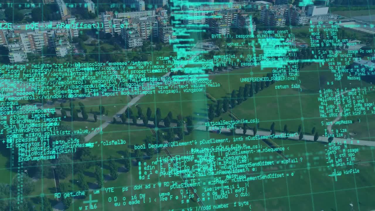 animación del procesamiento de datos sobre el paisaje urbano